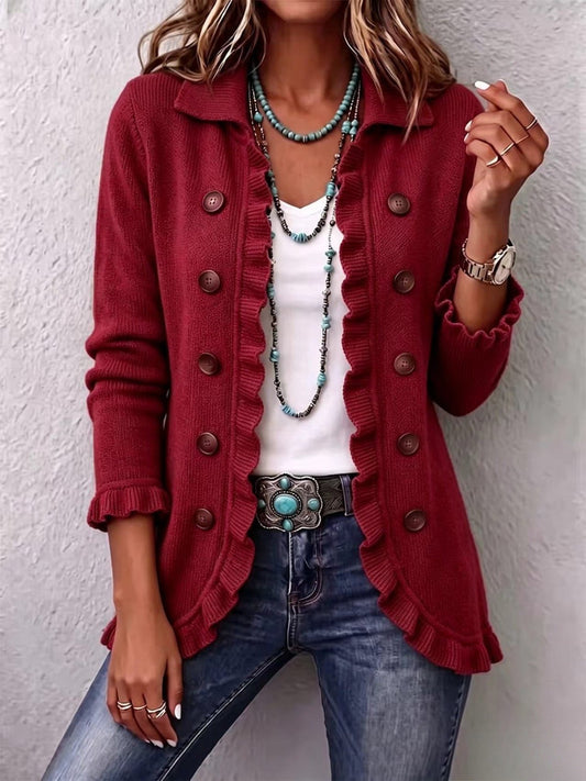 Verona | Ruby Red Ribbed Knit Ruffle Jacket