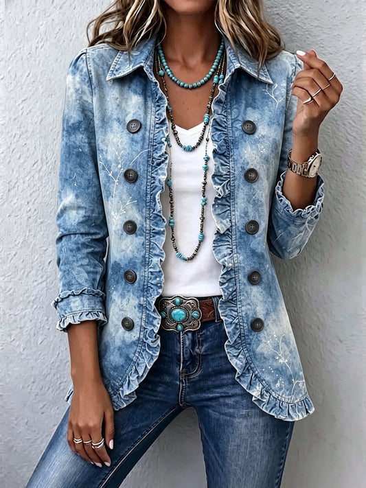 Triona | Boho-Style Gradient Vintage Botanical Print Ruffle-Detail Jacket