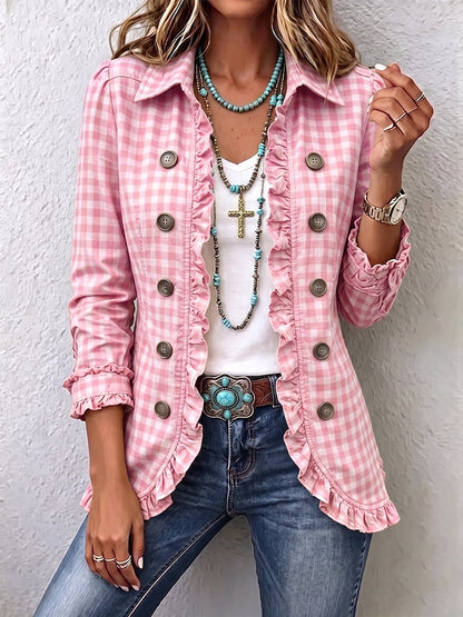 Brona | Gingham Ruffled Button-Down Jacket